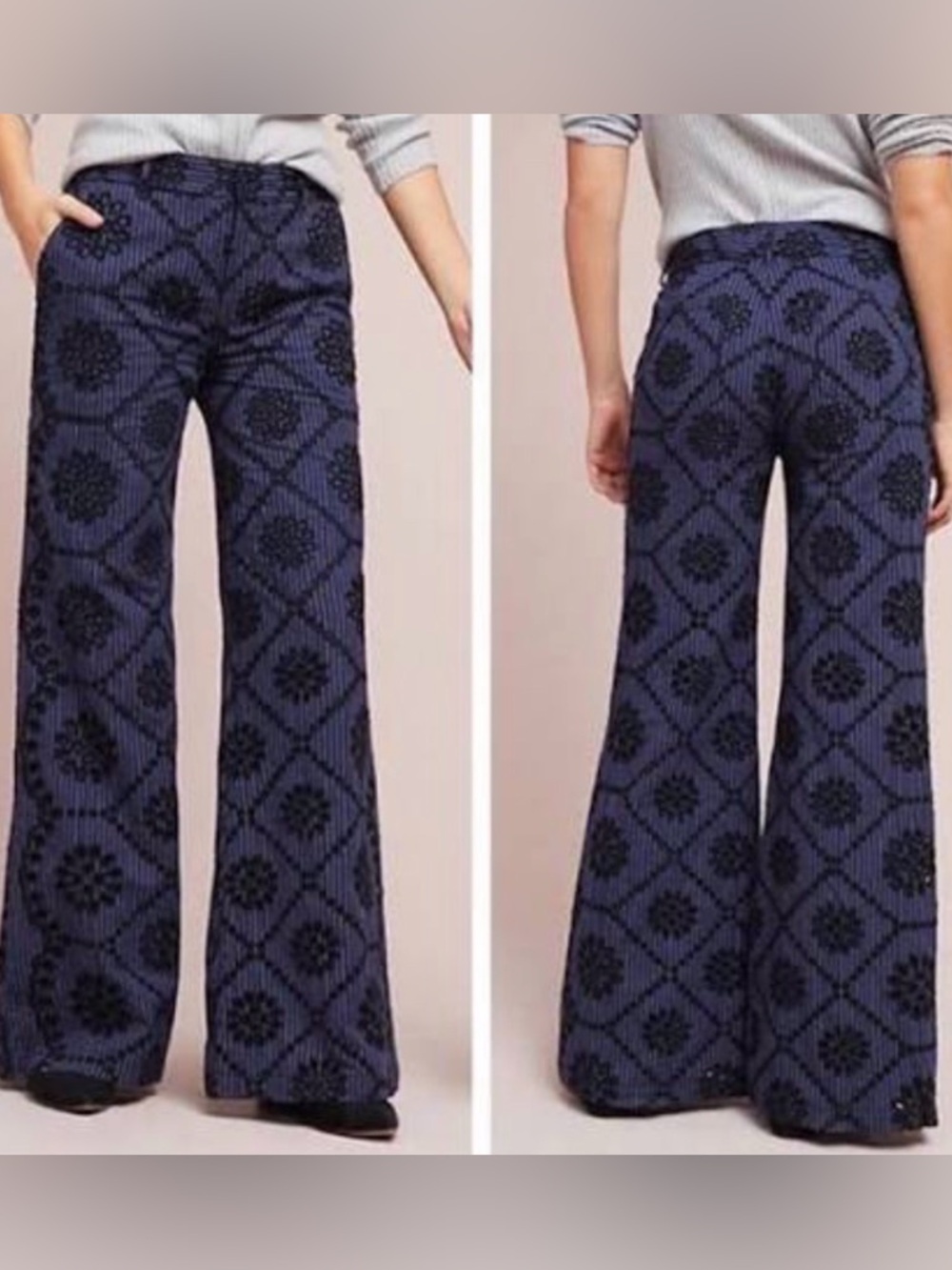 Anthropologie ETT TWA Embroidered Eyelet Wide Leg Pants Navy Blue Size 4